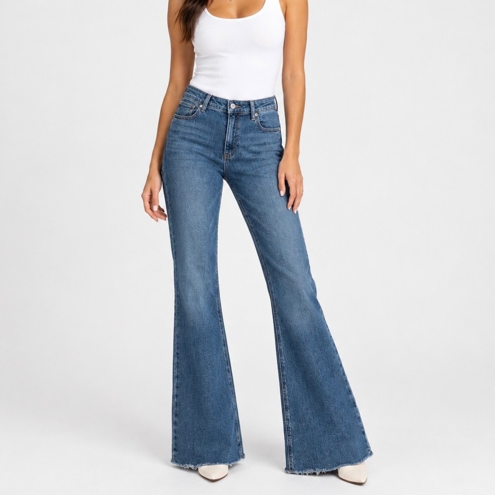 Quince Luna Stretch Flare High Rise Jean Organic Cotton Twilight Blue Raw Hem 31